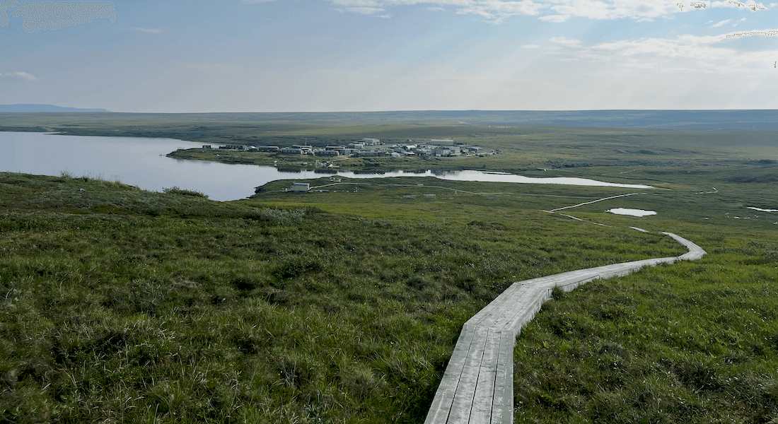 The site of the project’s fieldwork. A wooden boardwalk curves through a vast green landscape under a partly cloudy sky. In the distance, a small town sits by a serene lake, conveying tranquility.