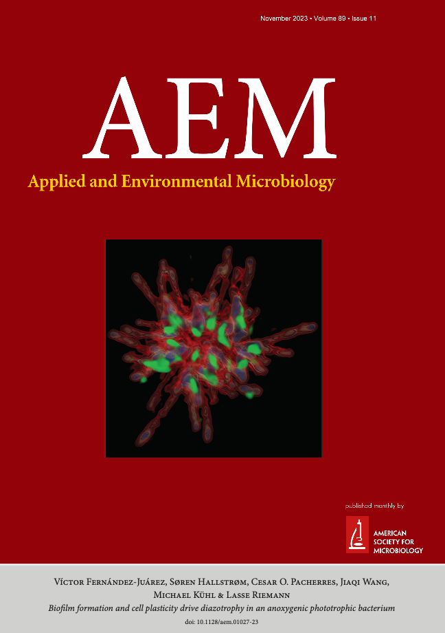 Cover page from Applied and Environmental Microbiology showing a cellular rosette-formation with nitrogenase stained in green by immunofluorescence