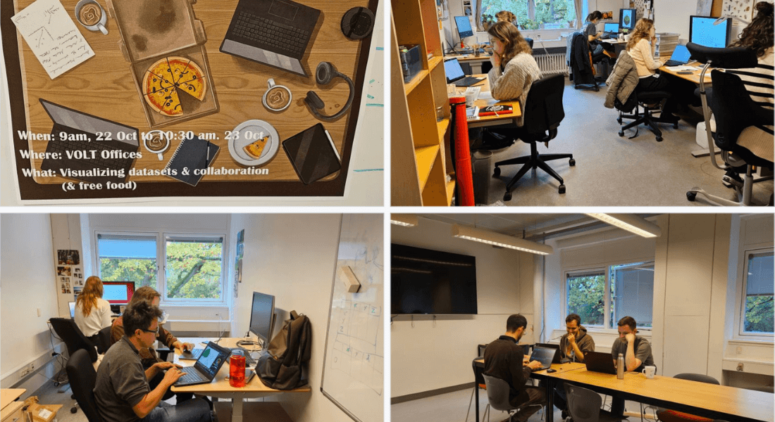 People in the VOLT Group participating in a hackathon. People sitting in rooms in front of computers.