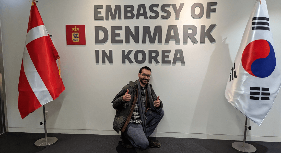 Miguel doing thumbs-up at the Danish embassy in Korea